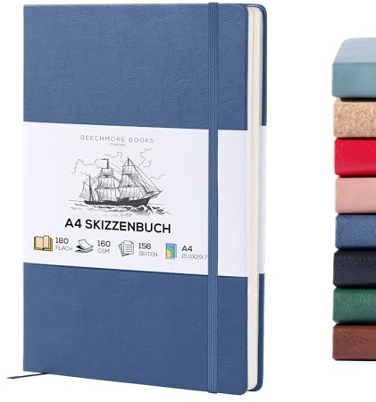BEECHMORE BOOKS Skizzenbuch A4 (21,0 × 29,7 cm) – Hardcover aus Veganleder, 156 Seiten 160 g/m² | Perforiert, Lay-Flat, Blanko Skizzenblock, Geschenkbox, Skizzenblock für Zeichnen, Malen, Mixed Media