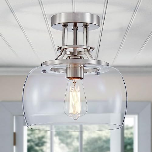 WUZUPS araña rústica casa de campo industrial redonda semi-empotrado techo led lámpara con pantallas de vidrio transparente para el baño cocina vestíbulo entrada, H25 W25, níquel cepillado