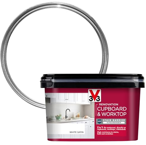 V33 Renovation Cupboard & Worktop Paint, White Satin, 2L | No undercoat needed, Extreme resistance to knocks, scratches, water, heat & stains, Suitable for kitchen cabinets & worktops