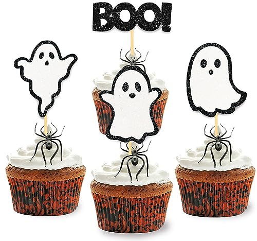 24 Stück Glitzer Halloween Cupcake Topper, Geist Kuchendeko, Baby Shower Tortendeko für Halloween Party, Babyparty, Baby Shower, Geschlecht verkünden, Schwangerschaft Dekoration (Schwarz)