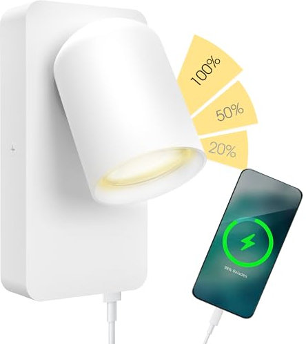 SSC-LUXon NERU Design Nachttischlampe weiß - moderne Wandlampe innen inkl. USB, Schalter & LED GU10 Lampe dimmbar ohne Dimmer