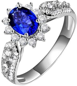 Ring mit Gravur Beste Freunde, Partnerringe Platin 18 Karat Weißgold Blume Lab Saphir 0.885CT Blau Ovalschliff VVS mit 62 Diamant Natur 0.55CT Weiß