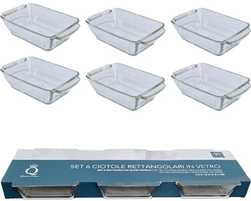 MERCURY SRL Ciotoline Vetro, 6 Pezzi, con Manici, Rettangolari, Piccole - Antipasto Salato Dolce Salse Cocktail Patè Verdure Insalate Salumi Formaggi Bruschette Dessert Pranzo Cena - 13x7.5x3.7h cm