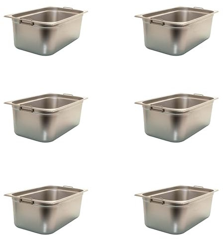AcMax 6 Stück GN 1/1 Gastronormbehälter GN-Behälter Edelstahl 28 Liter Tiefe 200mm FALLGRIFF