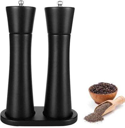 Juego de 2 Molinillos de Pimienta y Sal de Madera con Bandeja, Molinillo de Especias de Madera, Manual de Molinillo Amoladora, Molinillos con Grano, Molinillo Especias de Grosor Ajustable