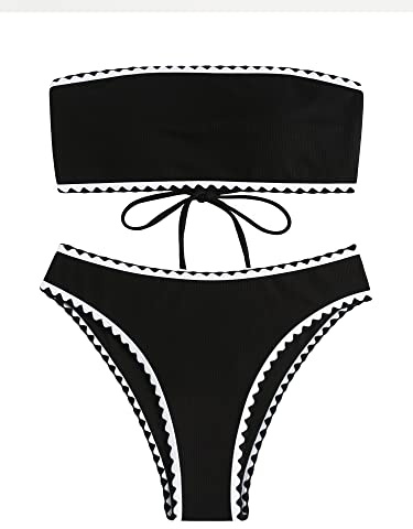 ZAFUL Strukturiertes, hoch geschnittenes Bandeau-Bikini-Set mit Schnürung am Rücken, Gepolstert Zwei Stück Niedrige Taille Badeanzug-Badebekleidung für Damen (3-Schwarz,L)