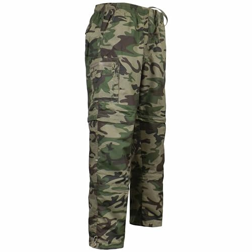 WJL WHISPERING JONES LONDON Mens Elasticated Waist Trousers Cargo Combat Work Bottoms Pants 3 in 1 Big Sizes, Green Camouflage, XL
