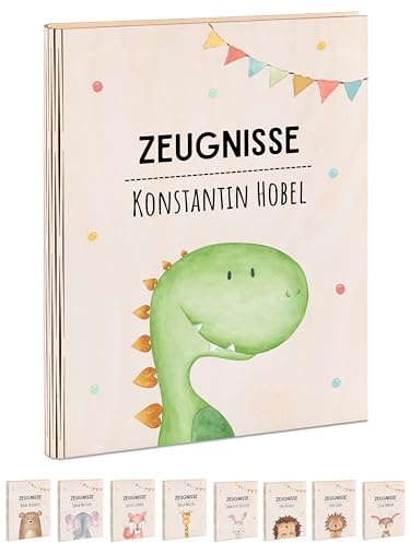 Wunderwunsch® - Personalisierte Zeugnismappe aus Holz Mit Hochwertigem Spezial-Druck - Einschulung Geschenk für Jungen & Mädchen (Dino Girlande)