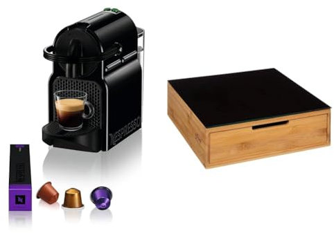 Nespresso De'Longhi EN 80.B Inissia, Hochdruckpumpe, Energiesparfunktion, kompaktes Design, 1260W, 32 x 12 x 23 cm, Dunkle Schwarz & Kapselständer 2 schubladen bambus - 5 five simply smart