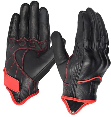 Harssidanzar GM041UK - Guantes de motocicleta para hombre, con forro polar, piel de cabra cálida, para pantalla táctil, color negro y rojo, talla L