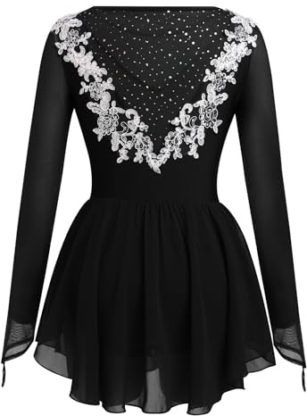 AFAVOM Women Girls Figure Ice Skating Dress Adult Kids Long Sleeve Mesh Sequin Flower Ballet Dance Leotard Shiny Rhinestones Sparkle Lyrical Costume for Competition Performance Dancewear Black XL