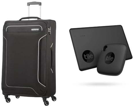 American Tourister Holiday Heat - Spinner Suitcase, 79.5 cm, 108 L, Black (Black) & Tile Bluetooth Item Finder Set