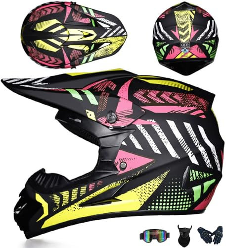 PAESCOY Motocross Helm Kinder Erwachsene, Dirt Bike Offroad Cross Helms Herren ATV Motocross Helm, Jugend Motorradhelm MX Enduro Full Face MTB Helm Mit Brille Maske Handschuhe Downhill Helm,Muti/A-M