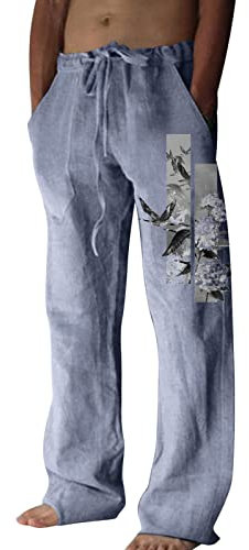 Herren-Strandhose, Blumenmuster, Baggy-Yogahose, lässige Jogginghose, lockere Passform, Chino-Hose, bequeme Kordelzughose, knitterfrei, flache Vorderseite, leichte Sommerhose, blau, L