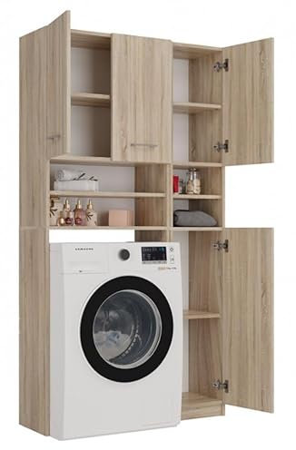 BDW - Conjunto de Muebles de Baño - Estantería y Armario para Lavadora con Estante - 180x96x30 cm - Amplio Conjunto de Baño, en Robusto Tablero Laminado - Roble Sonoma