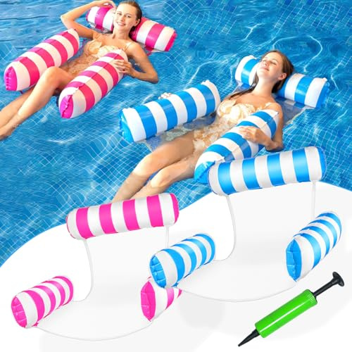 Qcdou Amaca Gonfiabile Galleggiante, 2 Pezzi Divano Gonfiabile, Sedia a Sdraio 4 in 1, Amaca da Mare, Lettino da Spiaggia Gonfiabile Adatto per Piscina, Spiaggia, Festa Estiva (Blu/Rosa)