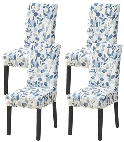 HZDHCLH Stuhlhussen 4er Set Stuhlbezüge Stretch abnehmbar, waschbar | Esszimmerstuhl-Schutzsitz für Hotel Restaurant Küche Hochzeitsfeier（blaue Blätter/4 Stück）
