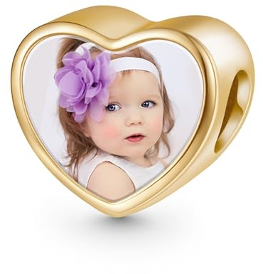 GNOCE Personalisiert Foto Herzform Charm 925 Sterling Silber Immer in meinem Herzen Gravierbares Perlen Charms für Armbänder Halsketten Freunde Familien und Haustiere (Gold)