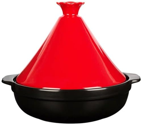 Olla de tajín marroquí para cocinar, de cerámica con Tapa cónica, de 1.8 Cuartos, Compatible con Estufa de Gas, Olla de Barro Japonesa para estofar arroz (Color: Rojo)