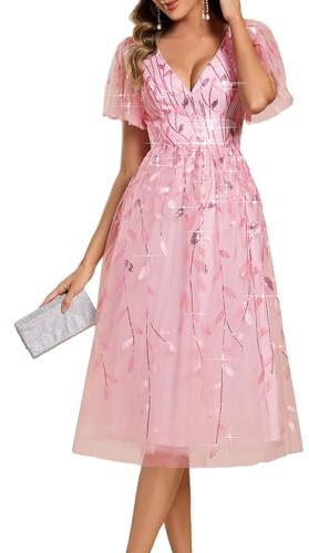 Ever-Pretty Robe Femme de Soirée Mi-Longue Paillettes Col V Manches Courtes Cocktail Mariage Rose 42