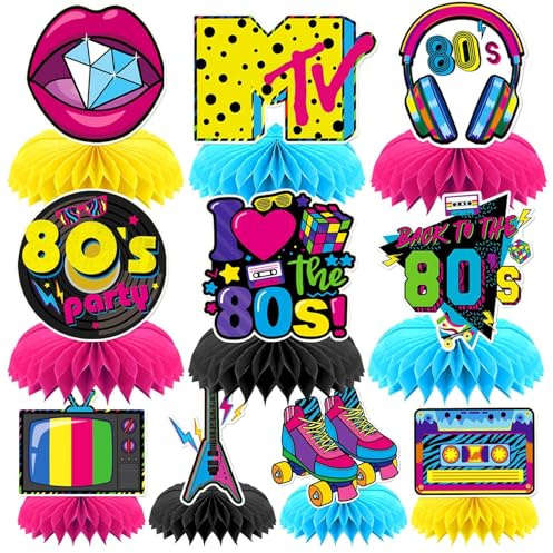 10 Stück 80er Jahre Party Dekorationen, 80er Jahre Retro Bienenwaben Disco Deko Tischaufsätze Vintage Party Deko 1980er Tischdekorationen Partyzubehör für Geburtstag Hip Hop Party Deko