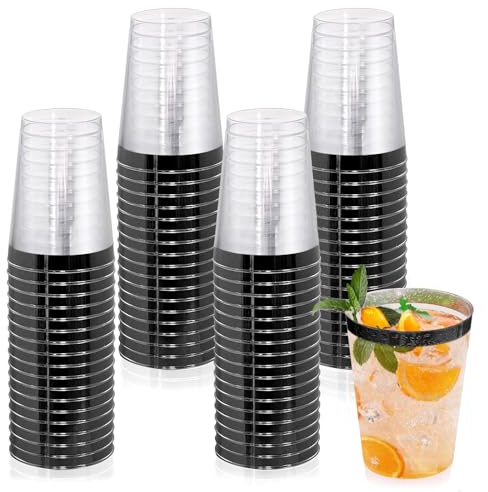 mauepersu Lot De 50 Gobelets En Avec Bord Dorée, 280 ml, Réutilisables, élégants, Verres à vin, Pour Champagne, Bière, Cocktail, Martini, Soda, Dessert (9,5 x 7,5 cm) (Noir)