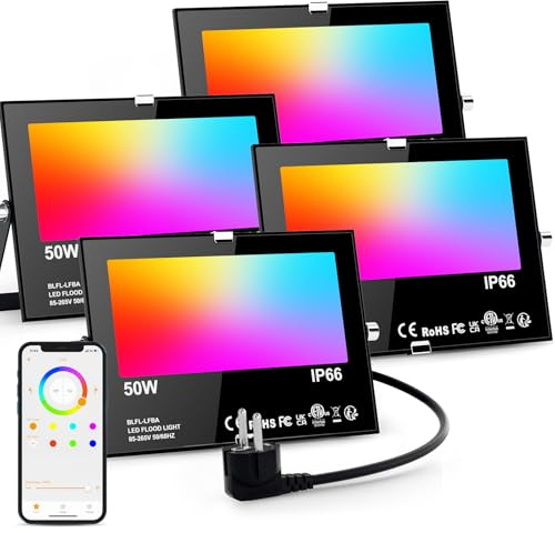 LED Strahler Außen RGB 50W Flutlicht Dimmbar Bunt & Kaltweiß, Smart Bluetooth APP Steuerung Flutlichtstrahler, IP66 Wasserdicht Aussenstrahler, Fluter für Aussen Innen Garten Hinterhof, Garage-4 Stk