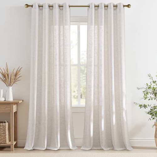 PONY DANCE Lot de 2 Rideau Voilage Lin - Rideaux Translucide L140xH225cm : Lumière Douce & Intimité pour Fenêtre Porte Chambre Salon Maison, Decoration avec Oeillets, Écru