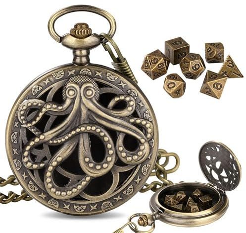CokinkiDs Mini juego de dados DND, 7 piezas poliédricas, tamaño compacto con bolsa de almacenamiento, juegos de rol de mesa (pulpo de bronce)