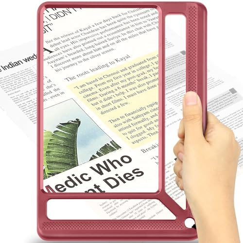 6X Full Page Magnifying Glass for Reading, Lightweight Rectangular Magnifier with Large Book Page Viewing Area, Handheld Magnifier for Reading Small Prints for Seniors Low Vision, Red