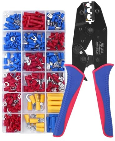 Crimping Tool Set with 300pcs Electrical Connectors - Wire Terminal Kit for Spade Connectors and Insulated Applications(Blue+red)