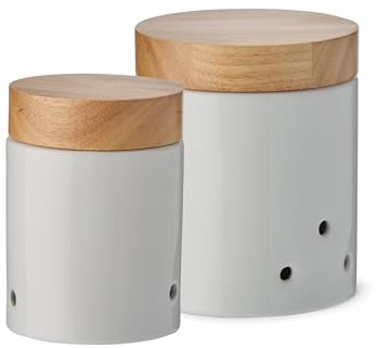 KHG Zwiebel- & Knoblauch Aufbewahrung, Vorratsdosen Keramik Steingut Weiß Holz-Deckel Bambus rund, Vintage Landhaus Stil, Zwiebeltopf & Knoblauchtopf Set, glänzend, unbeschriftet