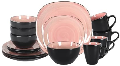 HomeVss Sonoma 16-teiliges Steingut-Essgeschirr-Set, außen schwarz mit schwarzen Sprenkeln (Quadratisch Rosa)