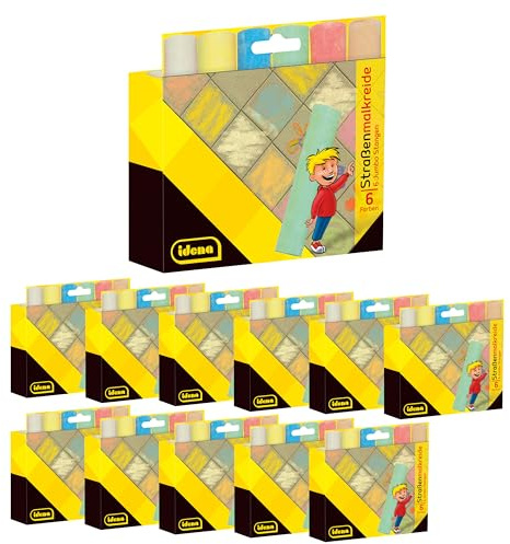 Idena 90520 - Gessetti per strada in astuccio di cartone, 12 confezioni da 6 gessetti ciascuna in diversi colori, per strada per disegnare su asfalto, pavimentazione o cemento
