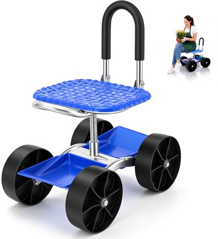 Sgabello Giardino, Carrello Giardino con Ruote Sedile Mobile Panca Lavori in Ginocchio Carrello Girevole a 360° Altezza Regolabile Sgabello Mobile con Maniglia e Vano Portaoggetti Portata fino a 150kg