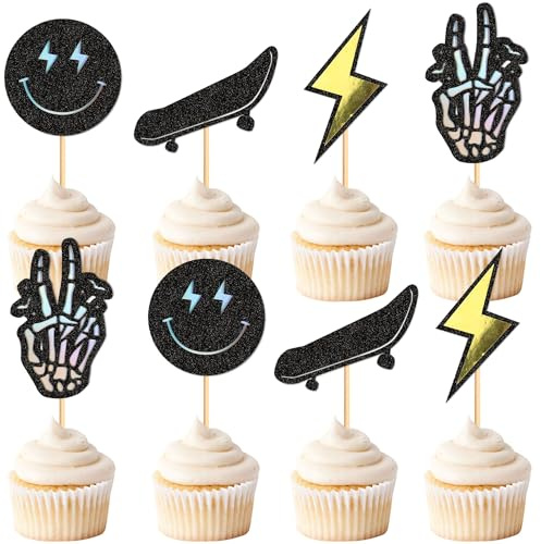 Blumomon 24 Stück Cupcake-Topper mit gelbem Smiley und Blitz Motiv One Happy Dude Kuchendekorationen für Babyparty Geschlechtsenthüllung Partybedarf