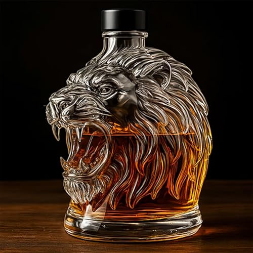 300 ml vinkaraff, whiskykaraff staty – whiskykaraff, i lejonhuvudform med 3D-dekoration, original vinflaska av glas i djurform, presentidé för hemmabaren