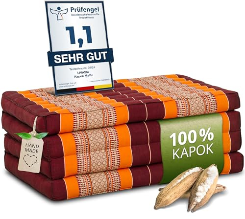 livasia Nachhaltige Klappmatratze aus Kapok - 200x80x8cm - Gästematratze, Faltbare Matratze für Van, ökologische Yogamatte, klappbares Gästebett, Liege für Garten und Balkon (Orange)