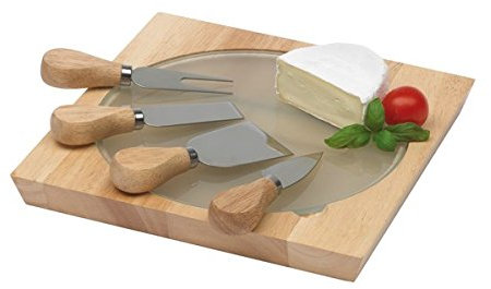 geschenkartikel-shopping 'Regalo Artículo de compras Juego de cuchillos para queso yOrbit Tabla de madera con integrado tablero de cristal y cuchillo y tenedor