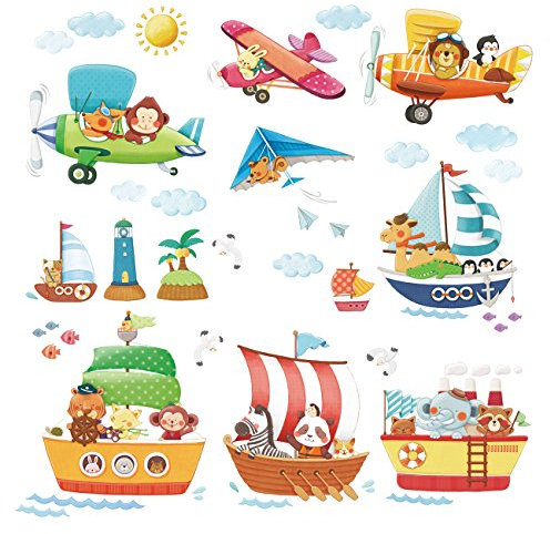 Decowall DAT-1506 Schiffe 3 Doppeldecker Autos Flugzeuge Tiere Wandtattoo Wandsticker Wandaufkleber Wanddeko für Wohnzimmer Schlafzimmer Kinderzimmer