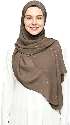 Lina & Lily Hijab Sciarpa Chiffon Donna Musulmana con Brillantini Dorati 72 x 190cm (Kaki)