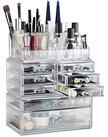 Relaxdays Make Up Organizer mit Schubladen, stapelbarer Schmuckkasten f, Acryl Schminkaufbewahrung, transparent, 2 x 72 x 36.5 cm