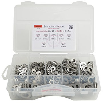 Set Unterlegscheiben DIN 125, M3 bis M12, 915 Teile Edelstahl A4 V4A VA | Set Edelstahl A4 Unterlegscheiben DIN 125, M3 bis M12, 915 Teile, Material: V4A VA
