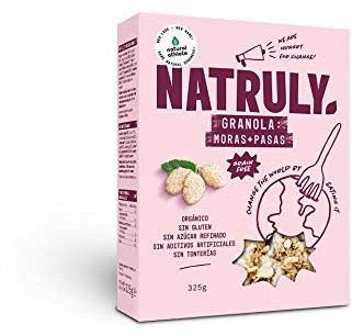Granola BIO NATRULY, Frutos Secos y Semillas Sin Cereales, Sin Gluten y Sin Azúcar Refinado, Vegana, Sabor Moras y Pasas -325g