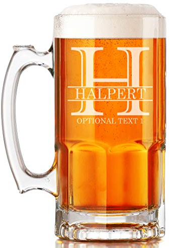 Personalized 34oz Engraved Beer Mug – Custom Monogram with Name & Optional Text – Large Oktoberfest Glass Stein with Handle – Custom Etched Gift for Men, Groomsmen, Dad – Optional Gift Box, Halpert