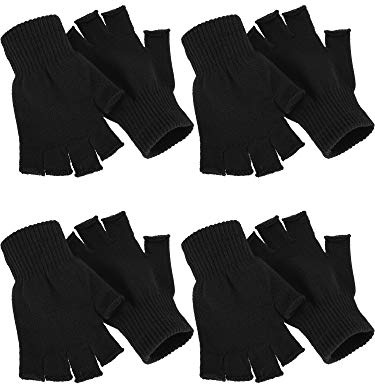 SATINIOR 4 Pairs Winter Half Finger Gloves Knitted Fingerless Mittens Warm Stretchy Gloves for Men and Women (Black)