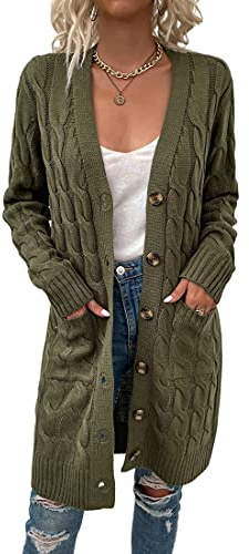 Avondii Damen Langarm Strickjacke mit Knöpfen Lang Strickjacke Oversize Grobstrickjacke (M, Grün)