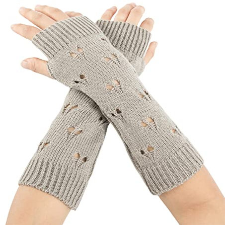 Handschuh-Geschenk für Sie, 1 Paar hohle Herz-Halbfinger-Armabdeckungen, dick, gehäkelt, einfarbig, Winterhandschuhe, Handwärmer – Hellgrau