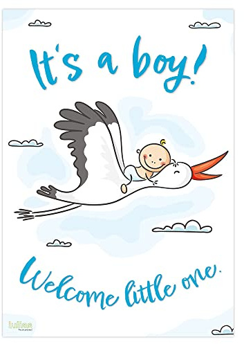 iulias Freude schenken! Poster zur Geburt Junge: It´s a boy! - Welcome little one I Willkommen Baby I DIN A2 I Plakat mit Storch zur Begrüßung Mama und Kind I Babydeko Babyparty Klapperstorch