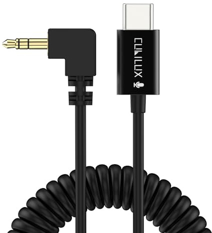 Cubilux USB C auf 3,5 mm AUX Spiralkabel, 96kHz/24Bit, 30 bis 50 cm | Auto AUX Spiralkabel mit Winkelstecker für iPhone 17/16/15, iPad Pro 13/12,9/11, Galaxy S25/S24/S23 und Pixel 10/9/8